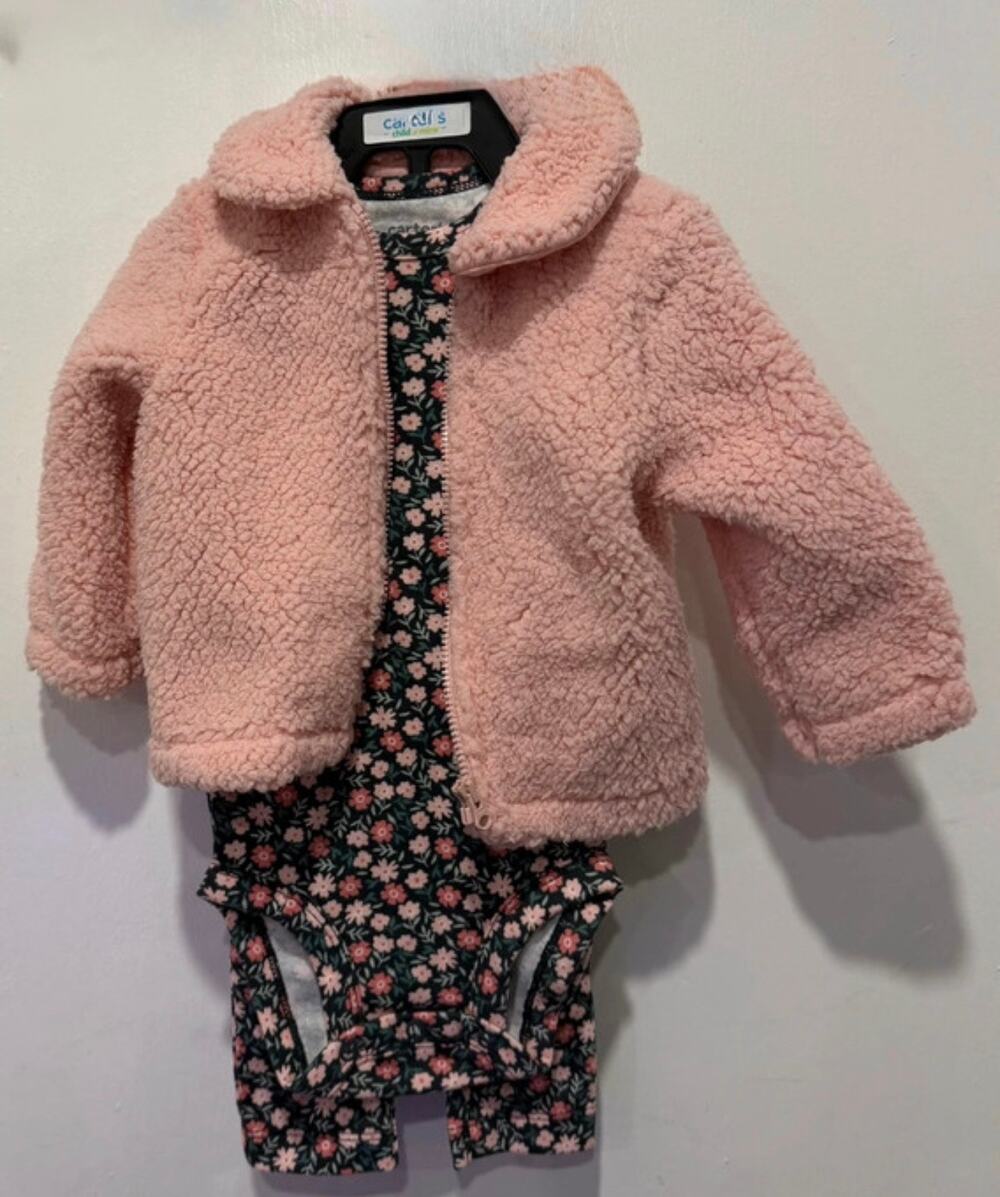 Carters Child of Mine Baby Girl Pink Sherpa Jacket, Floral Bodysuit & Pants 3-6M